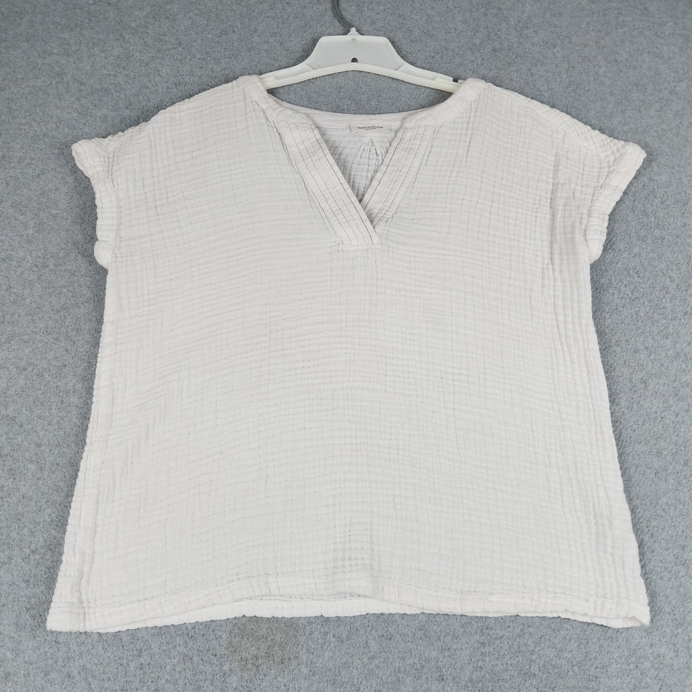 Beachlunchlounge Crinkle Gauze Top Womens Large White Cotton Split Neck Casual